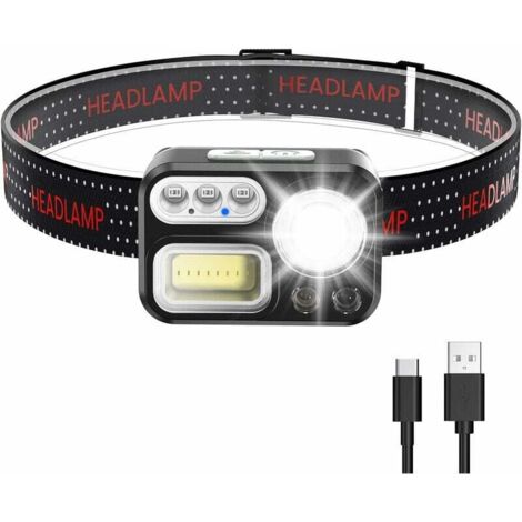Powerful Rechargeable Headlamp, 8 Modes, 2200 lux LED Head Torch, White Light and Emergency Light, 45° Adjustable Beam Angle, IP65 Waterproof and Lightweight for Cycling, Camping, Hiking, DIY