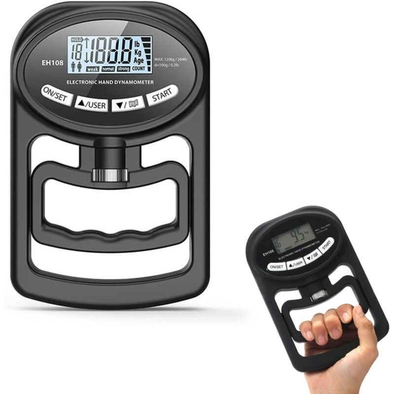 Powermètre numérique portatif 120 kg - Dynamomètre manuel - Appareil de mesure de la force de préhension - Dynamomètre numérique - Noir - 120 kg