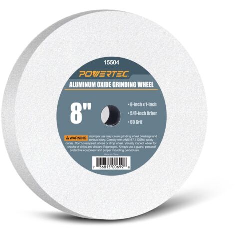 POWERTEC Ruota per smerigliatrice da banco, grana 20,3 cm, grana 60, in ossido di alluminio bianco per smerigliatrice da banco, spessore 2,5 cm, mandrino da 5/8", punte per affilatura e modellatura,