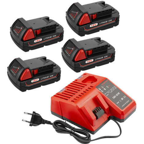 Powerwings – Batterie lithium 18V 3000mAh – Lot de 4 batteries M18B5 avec chargeur rapide – Compatible avec outils Milwaukee 12V-18V