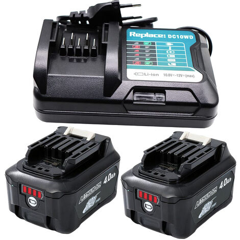 Powerwings – Pack de 2 batteries lithium 12V 4.0Ah avec chargeur DC10WD – Compatible Makita BL1041B, BL1016, BL1021B, DF031D – Temps d'utilisation 2h