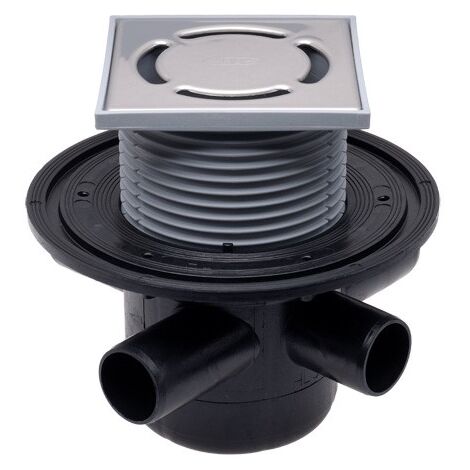 Pozzetto pavimento DN50 con 3 entrate DN40, antiriflusso, portagriglia 123x123mm, griglia inox 115x115mm HL304
