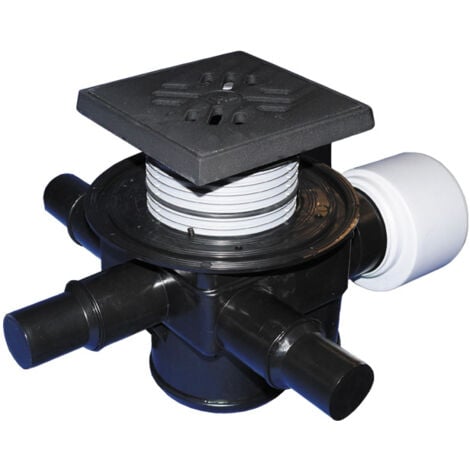 Pozzetto pavimento DN75/110, valvola antiriflusso, 3 entrate DN50/40, portagriglia telaio/griglia ghisa 150x150mm/137x137mm