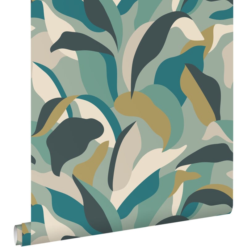 Papier peint feuilles tropicales bleu canard et bleu canard - ESTAhome