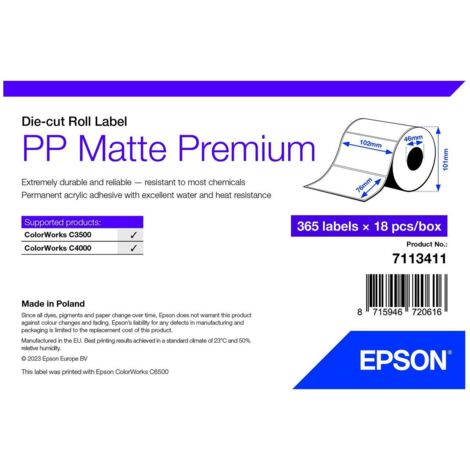 PP MATTE LABEL PREM DIE-CUT ROLL 102X76MM 365 LABELS