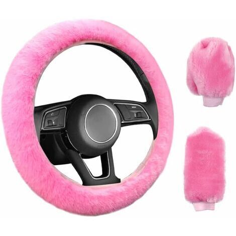 Pr 3 Pièces Couverture de Volant de Voiture Anti-Dérapant Élastique Housse de Volant Universelle de Voiture en Peluche Rose avec Housse Frein à Main et Boîte Vitesses (38cm)