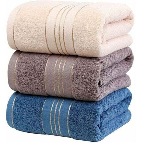 Pr 3 Serviette de Bain Drap de Bain en 100% Coton, Grande Taille Douce Luxe et Très Absorbant, pour Sauna Douche Natation Salle de Bains Hôtel Voyage (70x140CM, Bleu+Gris+Beige)