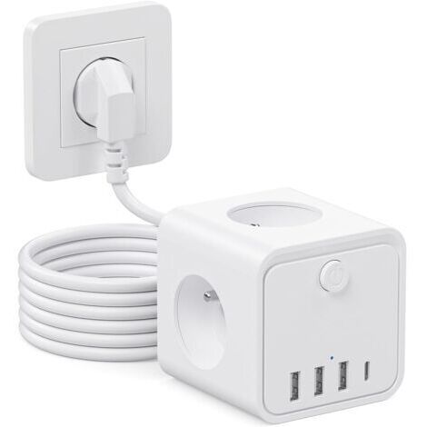 Pr 7 en 1 Multiprise USB Multiple 3 Prises Multiple avec 1 Type C et 3 Ports USB, 1.5m Cable Multiprise avec Interrupteur Parafoudre