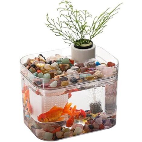 Pr Aquarium Transparent avec Couvercle, Pompe à air USB, décoration de Bureau, Petit Aquarium pour Poissons Betta, crevettes, Poissons Rouges, A