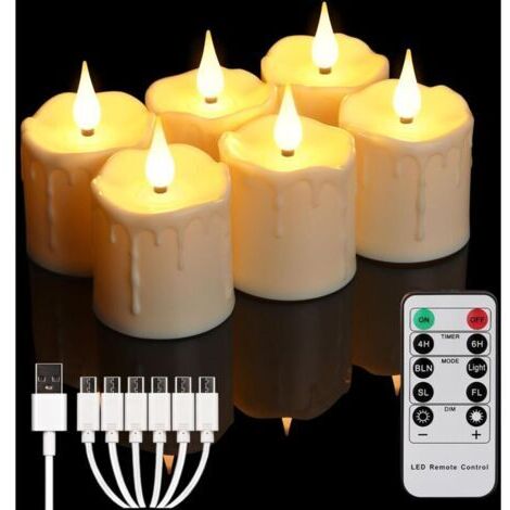 Pr Bougies sans flamme rechargeables, avec télécommande et minuterie, bougies chauffe-plat LED réalistes à piles, lot de 6 fausses bougies électriques blanc chaud (chargement USB)