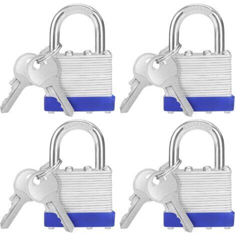 Pr Cadenas Clé en Acier Laminé Robuste avec 2 Clés (Lot de 4) - Anse de 6 mm - 6,4 x 4,2 x 2,4 cm - Cadenas Exterieur/Intérieur Résistant aux Intempéries pour Garages et Casiers