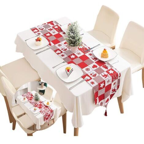 Pr Chemin de table en coton tartan de Noël rouge, nappe décorative pour la maison, chemin de table lavable à pampilles pour les dîners de famille, décoration de fête