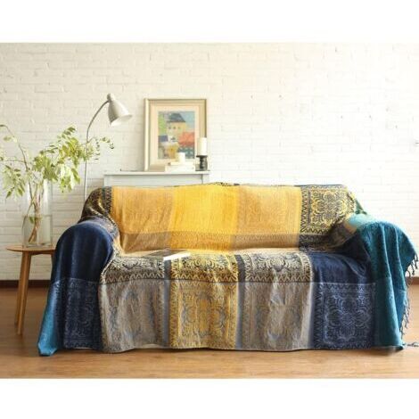 Pr Coton Couverture canapé Simple, Tricotées Couverture à Franges, Double Face Patchwork, Couverture Chaude de décoratifs pour Home Office Voyage(Tibet Blue, 150 190CM)