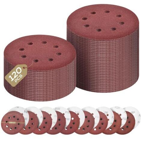 Pr Disque Abrasif 125mm Grain Mixte 40/60/80/100/150/240/320/400 15 de Chaque Papier Poncer 120 Pièces 8 Trous Papier de verre