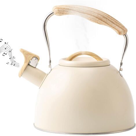 Pr Ersandy – Bouilloire à thé sifflante en acier inoxydable 3L – Poignée isolée en bois – Compatible induction, gaz, vitrocéramique – Beige