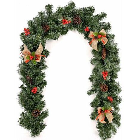 Pr Guirlande de Noël de 1,8 m avec pommes de pin, nœud papillon et baies rouges Guirlandes de Noël Guirlande de verdure Décorations en rotin pour la maison, les vacances, les fêtes de mariage, les esc