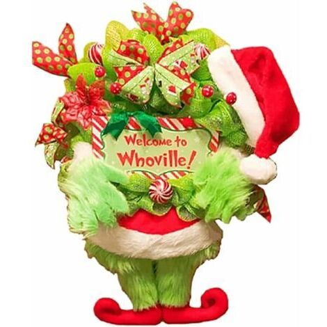 Pr Guirlande de Noël en peluche Grinch pour porte d'entrée, décorations de jambes en peluche en toile de jute pour le corps d'elfe