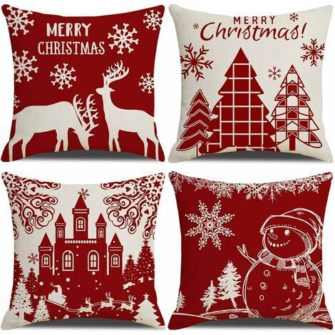 Pr Housse de Coussin Noel 45x45cm, Lot de 4 Noël Décoratif Canapé en Coton et Lin Noël pour Canapé Lit Chambre Chaise Jardin-Décoration Noël Rouge