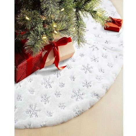 Pr Jupe de Sapin de Noël Argent Sequin Flocon de Neige, 90CM Decoration Sapin Noël, Blanc Neige Fausse Fourrure Couvre-Pied de Sapin, Noël Decoration Sapin pour Décorations de Vacances de Fête