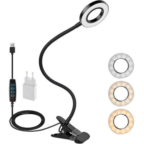 Pr Lampe LED à pince flexible à 360° - 3 modes et 10 niveaux de gradation - Pour tête de lit, chambre à coucher, bureau - 12 W - Avec adaptateur CE - Noir [Classe énergétique F]