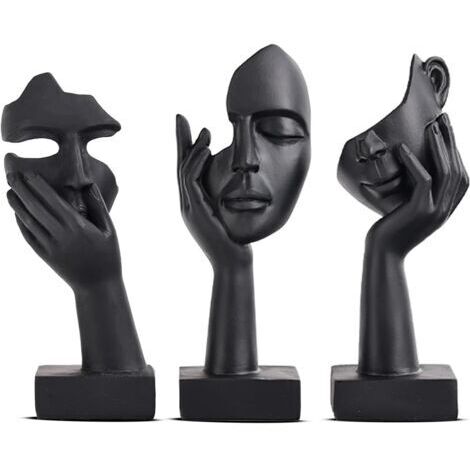 Pr Lot de 3 Statues Noires pour décoration d'intérieur - Visage de Femme - Statue de Collection pour la Maison Moderne