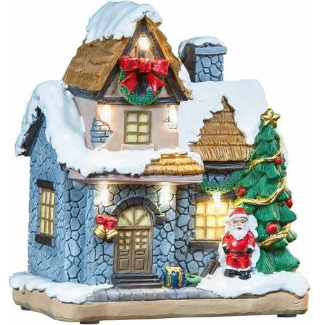 Pr Maisonnette décorative avec Père Noël et illuminations（14 x 16 x 8 cm）