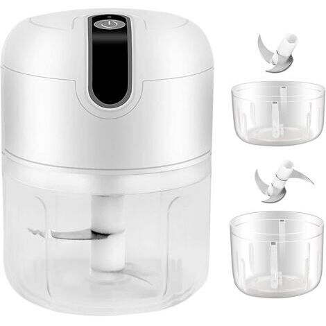 Pr Mini Hachoir Électrique, 250ML&100ML Hachoir à Viande Électrique sans Fil, Mixeur Portable Cuisine Hachoir à Électrique avec Lame de Hachoir Légume pour Aliments pour Bébé,Viande,Ail (Blanc)