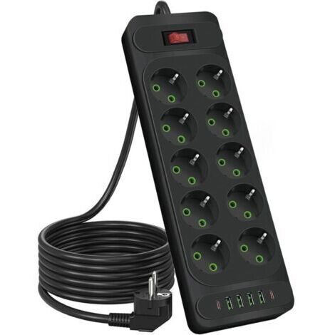 Pr Multiprise 10 prises 2500 W avec interrupteur, rallonge de 1,8 m, pour smartphones et tablettes, noir