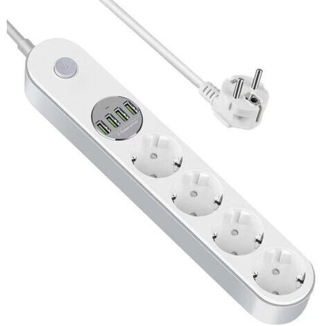 Pr Multiprise USB Multiprise Parafoudre Parasurtenseur 4 Prises avec 4 Prises USB, Power Strip avec Interrupteur, Multi Prise Protection Contre Surcharges et Surtensions, Multiprise electrique de 2m