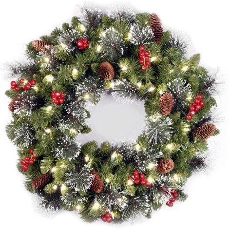 Pr National Tree Company Guirlande de Noël artificielle pré-illuminée, vert, épinette Crestwood, lumières blanches, décorée de pommes de pin, grappes de baies, branches givrées, collection de Noël, 24