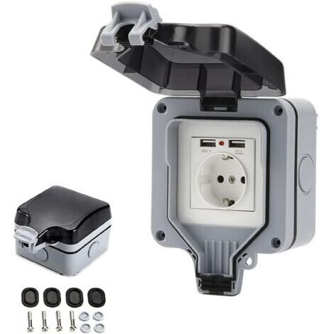 Pr Prise Étanche IP66 avec Connexions USB Prise Électrique Extérieure avec Couvercle Boîtier de Prise Murale pour Jardin Garage Piscine