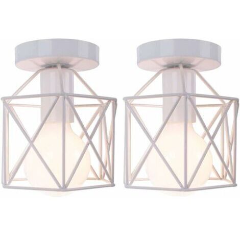 Pr Retro Plafonnier Industrielle en Métal Carré Fer, Suspension Cage Cube Luminaire E27 pour Salon Chambre Café Bar Restaurent Entrée Couloir (Lot de 2 Blanc)