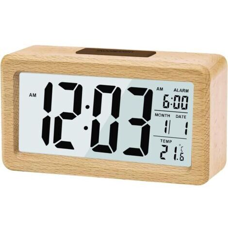 Pr Réveil Numérique en Bois, Réveil LCD Horloge Digitale sans Tic-tac avec Affichage Date, Température, Fonction Snooze, Horloge Numérique pour Chambre à Coucher, Chevet, Maison, Bureau