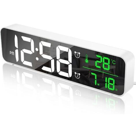 Pr Réveil Numérique, Horloge Murale Réveil Matin LED Digital Miroir Grand Ecran avec Température Date, 2 Alarme, 40 Musique, 6 Luminosité Variable, USB Clock pour Maison Bureau, Blanc