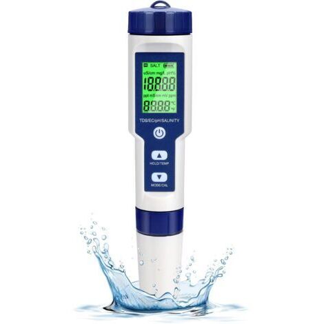 Pr Testeur PH Electronique, Testeur Eau Piscine 5 en 1 avec Rétro-éclairage, PH/TDS/EC/Salinité/TempmèTre avec ATC, PH Metre Haute Précision de Résolution 0.01, pour Eau Potable, Aquarium, Spas