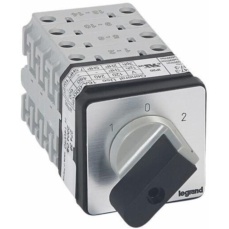 Commutateur à cames inverseur avec position arrêt 45° PR17 - 4P - 8 contacts - fixation par vis sur porte Legrand