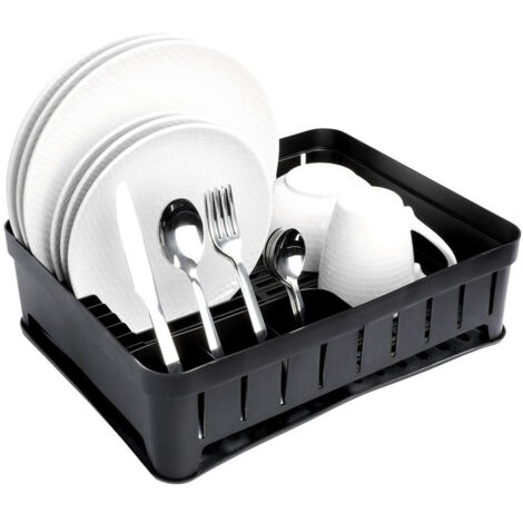 Practical black dish rack with flexible drip tray