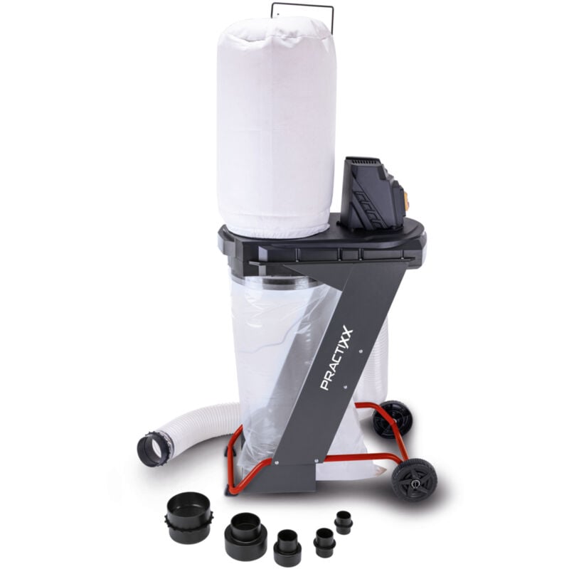 Practixx - Système d'aspiration PX-AS-550 - Aspirateur d'atelier - 75L - 5 sacs à copeaux et 4 adaptateurs inclus - Puissance d'air 1150 m³/h