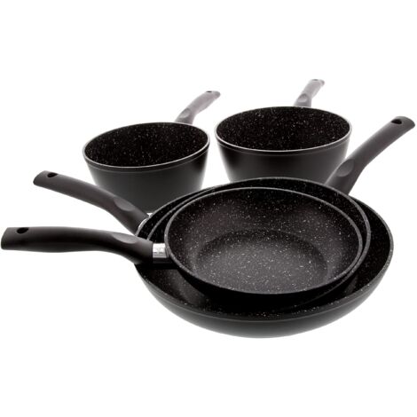 Pradel Excellence, P0002063/55005Mn, Set di 3 padelle 20,24,28 cm + 2 pentole da 18,20 cm, in pietra esterna, colore nero, forma rotonda