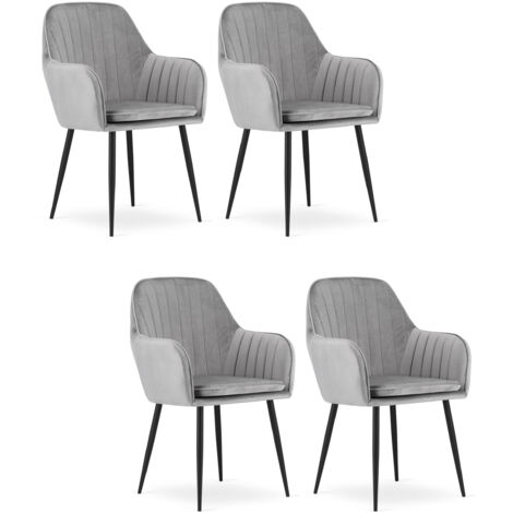 PRAIANO Chaise en velours gris argenté avec accoudoirs pieds en métal pour salon, bureau, chambre à coucher, 4 pièces, dimensions 58x87x57 cm, charge jusqu'à 110 kg