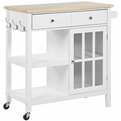 Servierwagen Weisß Gummibaumholz MDF mit Glasscheibe aus Temperglas mit Seitengriffen Landhausstil Modern Elegant Multifunktional Wonzimmer