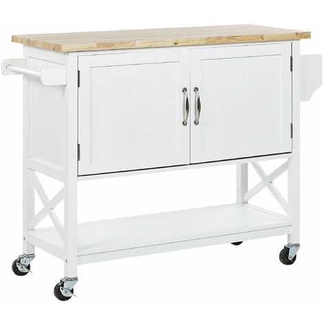 Servierwagen Weiß Gummibaumholz MDF mit geräumigem Schrank und Seitengriffen auf Rollen Landhausstil Elegant Multifunktional Wonzimmer