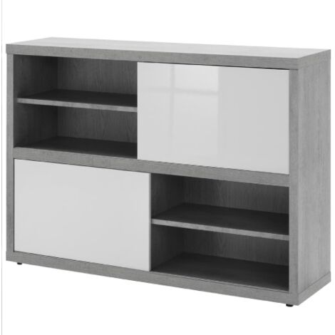 Pratico mobile basso cm35,6x140x87h colore cemento ante laccato bianco lucido ufficio casa