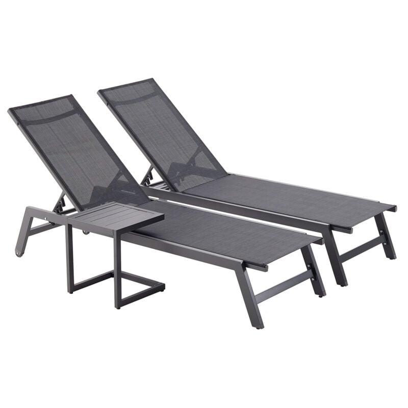 Concept-usine - prato - Lot de 2 bains de soleil en aluminium gris foncé et noir avec table d'appoint
