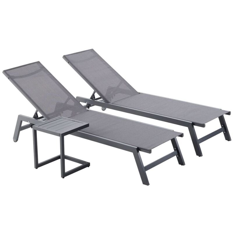 Concept-usine - prato - Lot de 2 bains de soleil en aluminium avec table d'appoint gris et noir