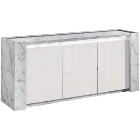 PRAVA - Buffet 3 Portes Laqué Blanc et Effet Marbre avec Leds