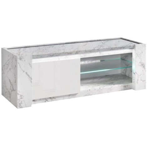 PRAVA - Meuble TV 1 Porte 150cm Laqué Blanc et Effet Marbre avec Leds