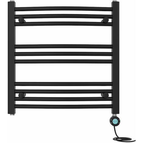 Pre-filled Electric Curved Heated Towel Rail Radiator Thermostatic 600x600mm Black