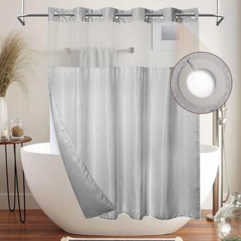 Pre-hooked Grey Waffle Fabric Shower Curtain with Sheer Window and Clip-on Lining (180.3 x 188 cm (W x L))