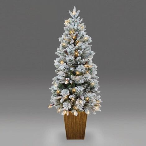 Pre Lit Potted Snow Flocked Christmas Tree with Pine Cones and Red Berries Snowy Tips 80-100 Warm White LED Lights